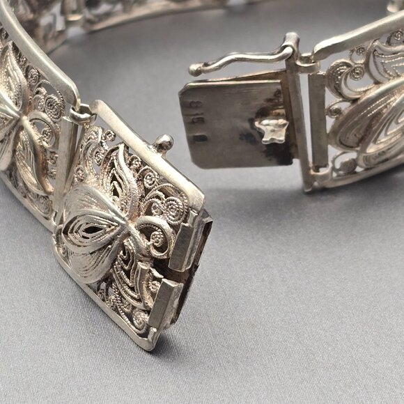 Vintage 850 Silver Filigree Panel Bracelet 7" Floral Design Hidden Clasp - Picture 5 of 11